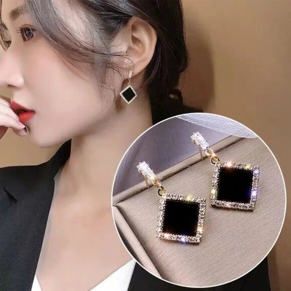 3/$35 Black Rhombus Drop Dangle Gold Tone Earrings Rhinestone Diamond Women - Picture 1 of 5